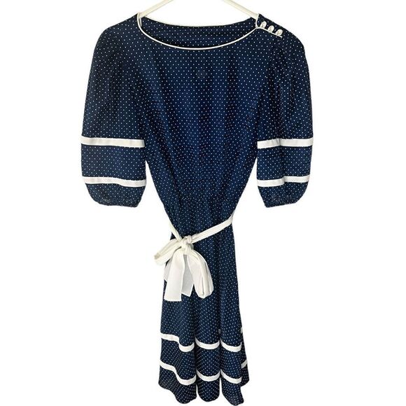 Just Ducky Navy Blue Polka Dot Semi Sheer Vintage Dress Made in USA 🇺🇸 - Picture 1 of 7